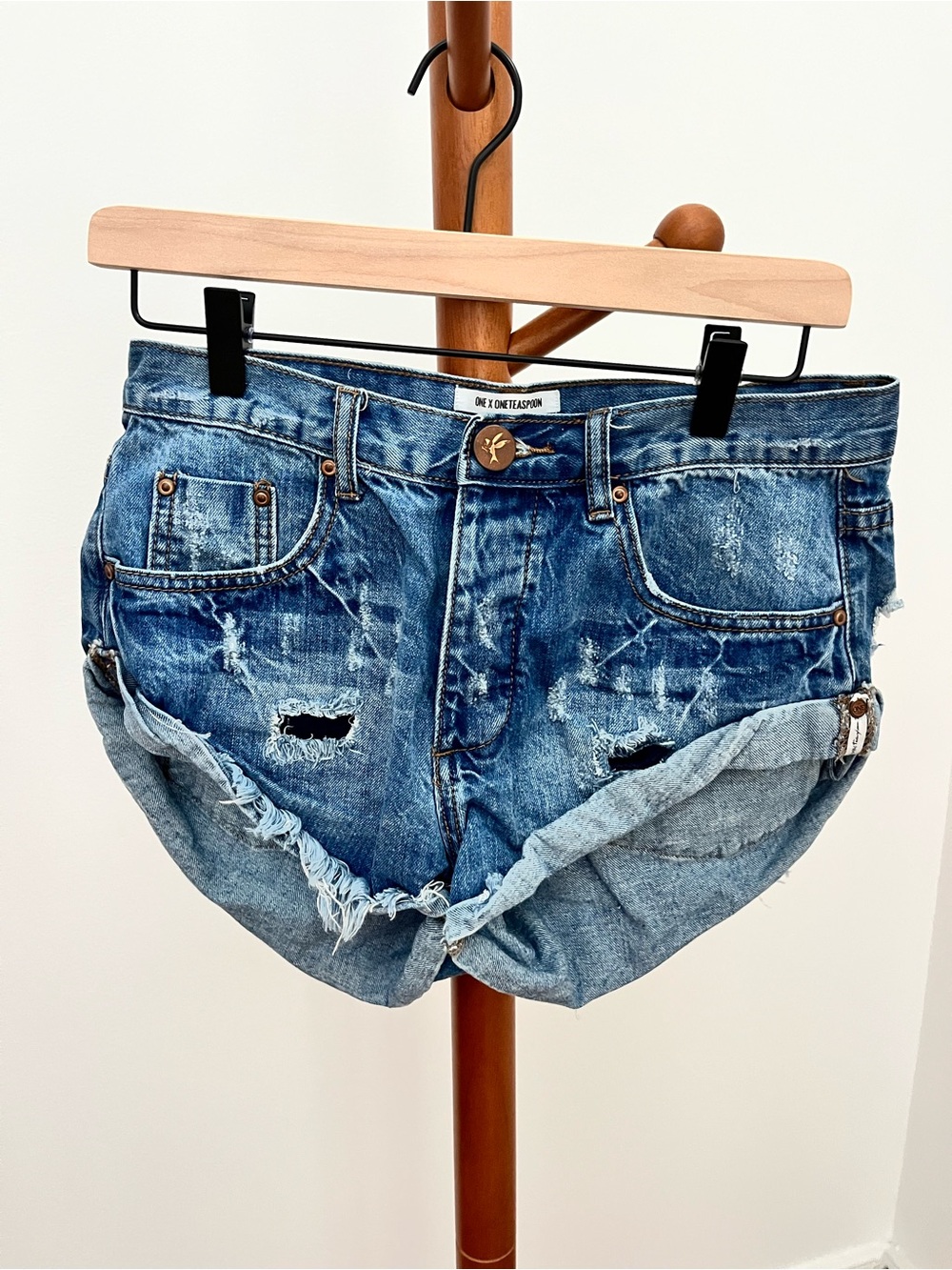 One Teaspoon Distressed Blue Roll-Cuff Denim Shorts